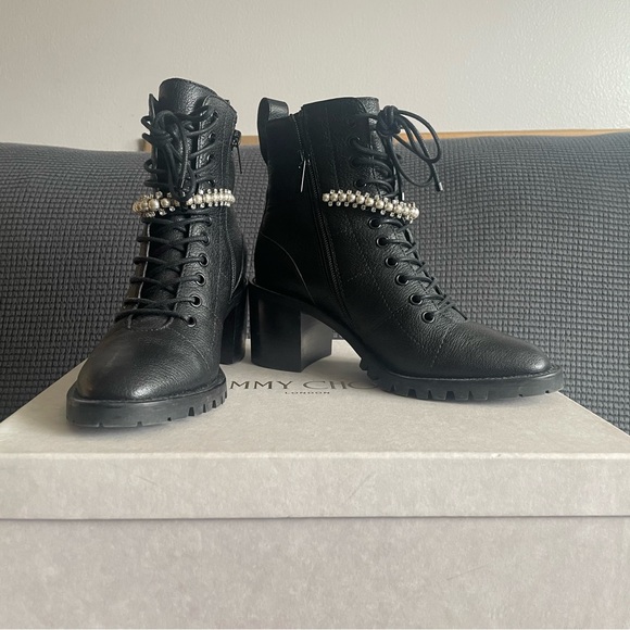 Jimmy Choo Black Cruz 65 Combat Ankle Boots with Crystal Pearl Strap - Picture 3 of 7